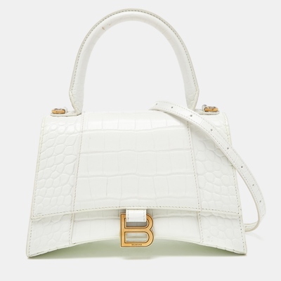 Pre-owned Balenciaga White Croc Embossed Leather Small Hourglass Top Handle Bag