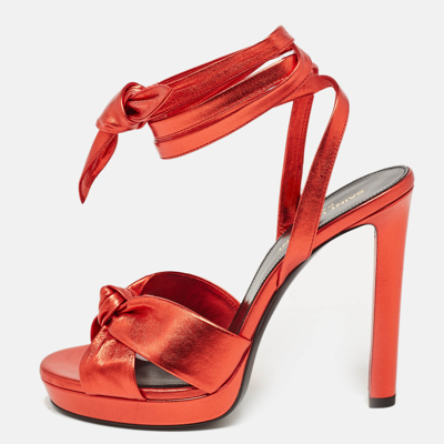 Pre-owned Saint Laurent Red Leather Knotted Ankle Wrap Sandals Size 38