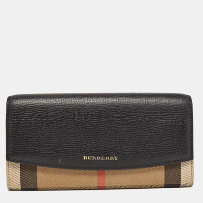 Pre-owned Burberry Black/beige House Check Canvas And Leather Flap Continental Wallet