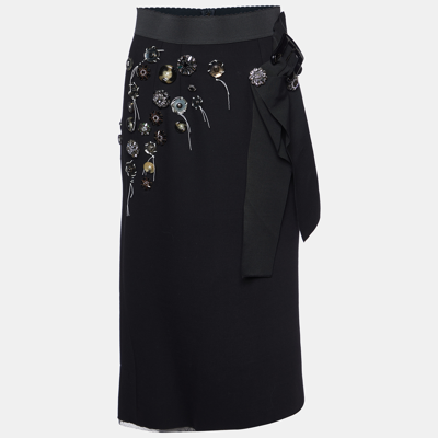 Pre-owned Dolce & Gabbana Black Wool Embellished Flute Hem Skirt S