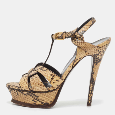Pre-owned Saint Laurent Two Tone Embossed Snakeskin Tribute Sandals Size 36.5 In Beige