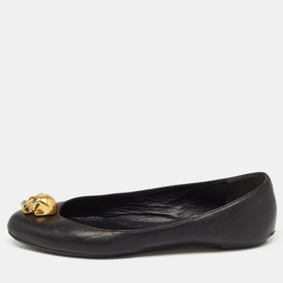 Pre-owned Alexander Mcqueen Black Leather Skull Ballet Flats Size 37