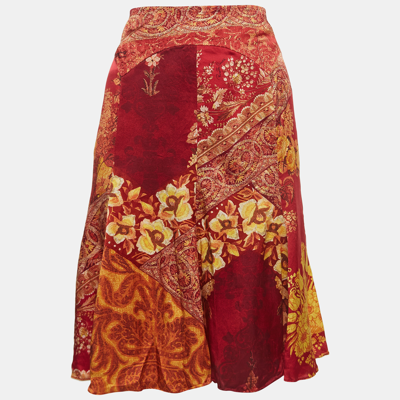 Pre-owned Roberto Cavalli Red Print Silk Paneled Knee Length Skirt M