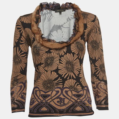 Pre-owned Roberto Cavalli Brown Floral Print Knit Mink Fur Trimmed Top M