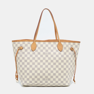 Pre-owned Louis Vuitton Damier Azur Canvas Neverfull Mm Bag In White