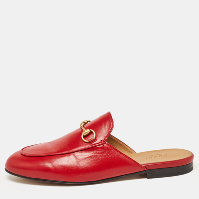Pre-owned Gucci Red Leather Princetown Flat Mules Size 38.5