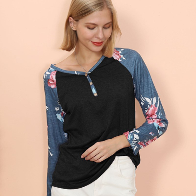 Anna-kaci Floral Print Henley Long Sleeve Top In Black