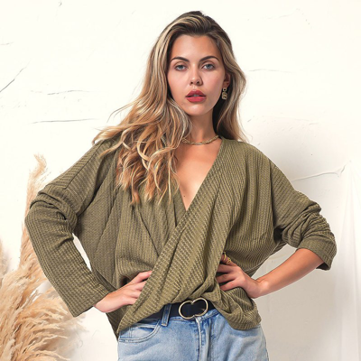 Anna-kaci Wrap Front Waffle Knit Sweater In Green