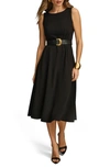 DONNA KARAN PLEATED SLEEVELESS BELTED MIDI DRESS