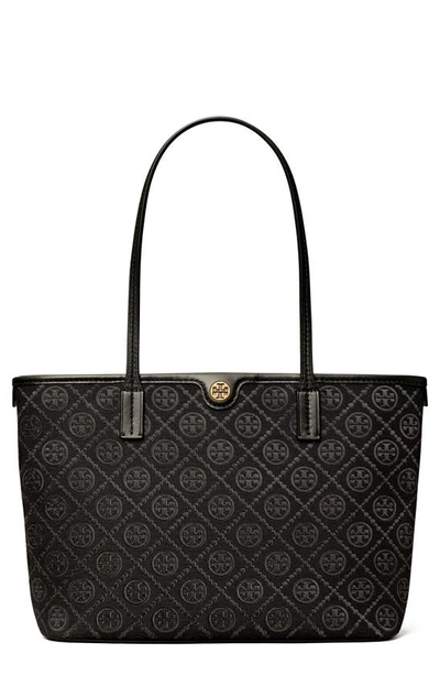 Tory Burch Small T Monogram Zip Canvas Tote Bag In Black/gold