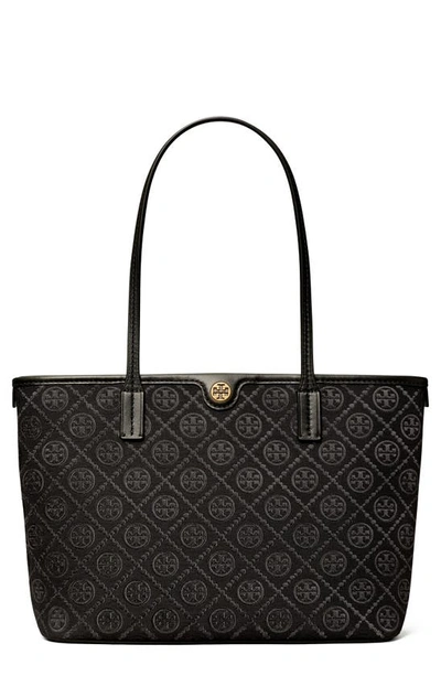 Tory Burch Small T Monogram Zip Canvas Tote Bag In Black