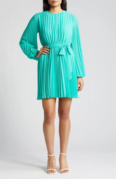 Sam Edelman Long Sleeve Pleated Georgette Dress In Turquoise