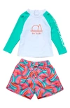Snapper Rock Geo Melon Long Sleeve Two-piece Rashguard Swimsuit In Red