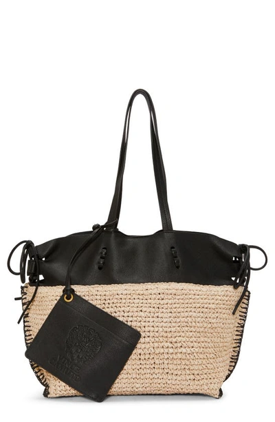 Vince Camuto Jamee Leather & Crochet Straw Tote In Natural Black Paper Raffia