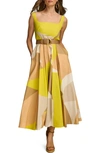 Donna Karan Printed Belted Square Neck Dress In Fawn Multi