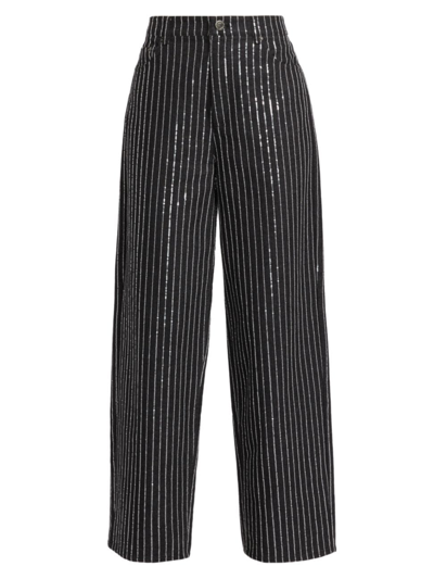 Rotate Birger Christensen Women's Sequin-pinstriped Twill Wide-leg Pants In Black