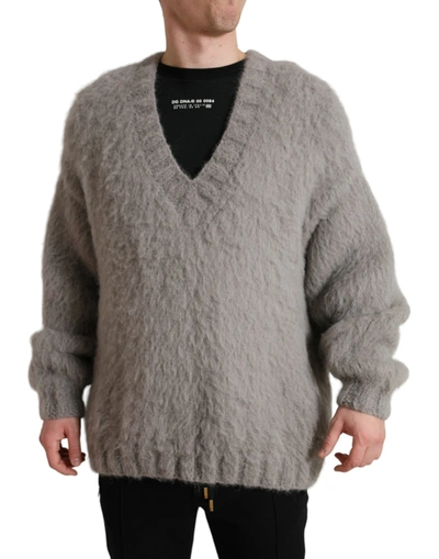Dolce & Gabbana Grey Alpaca Fur V-neck Men Pullover Jumper