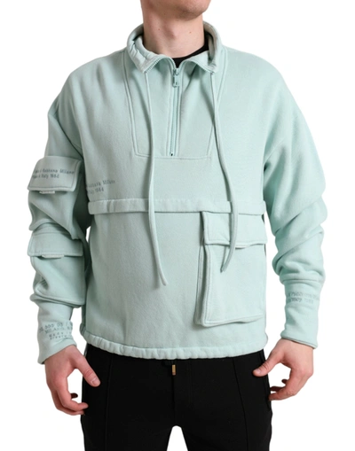 Dolce & Gabbana Mint Green Cotton Pockets Pullover Jumper