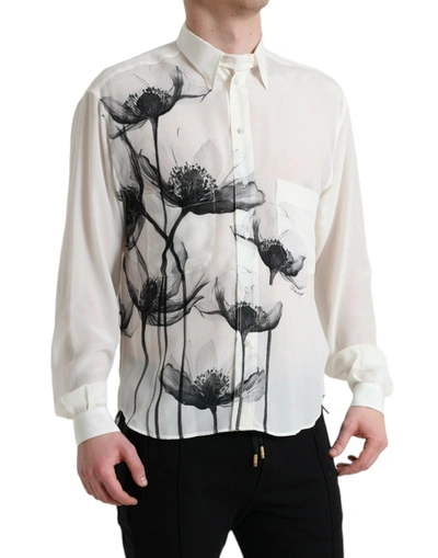 Dolce & Gabbana White Floral Collared Dress Silk Shirt In Off White