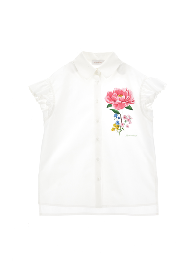Monnalisa Poplin Shirt With Glittery Rose In Cream