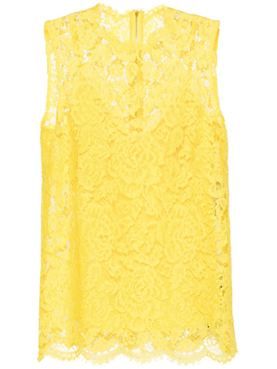 Dolce & Gabbana Floral-lace Scallop-collar Top In Yellow & Orange
