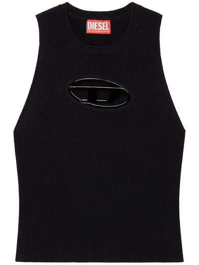 Diesel Cut-out Knit Top With Logo Plaque In Black