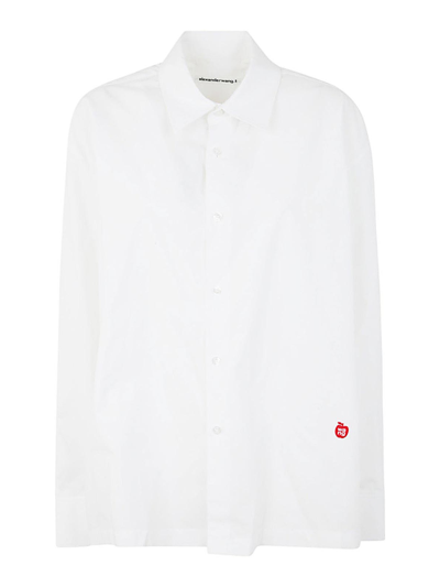 Alexander Wang Button Up Boyfriend Shirt In Compact Cotton With Apple Logo Patch In White