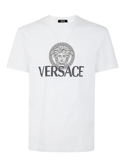 Versace T-shirt Two Color Print In Blanco