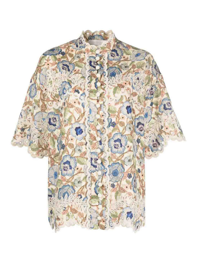 Zimmermann Junie Embroidered Short-sleeved Shirt In Light Blue