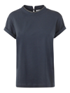 Brunello Cucinelli Women Blue Crewneck T-shirt With Monil Detail On The Collar And Rear Cut-out In C In Blue