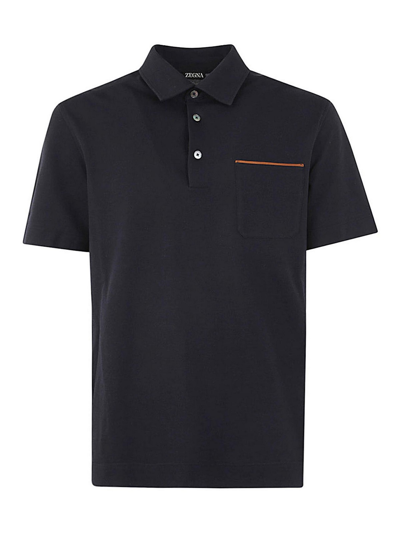 Zegna Leather-trimmed Cotton-piqué Polo Shirt In Blue