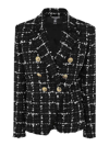 Balmain Grid Tweed Double-breasted Blazer In Black