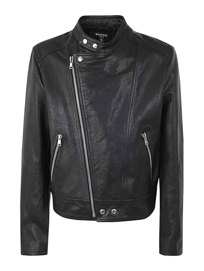 Balmain Zipped Calfskin Biker Jacket In Black