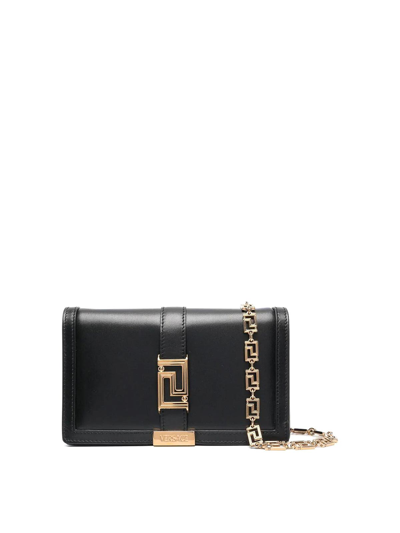 Versace Greca Goddess Leather Wallet On Chain In Black