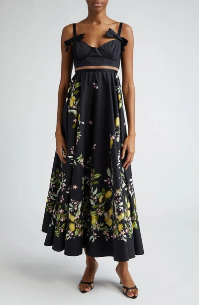 Giambattista Valli Lemon-print Bow Sleeveless Bustier Tea-length Dress In Black/yellow