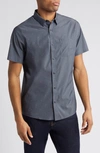 Travis Mathew Across The Pond Geo Print Short Sleeve Stretch Button-up Shirt In Heather Black