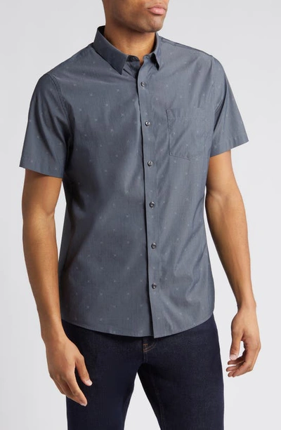 Travis Mathew Across The Pond Geo Print Short Sleeve Stretch Button-up Shirt In Heather Black