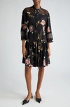 ERDEM LACE INSET FLORAL TIERED SILK DRESS