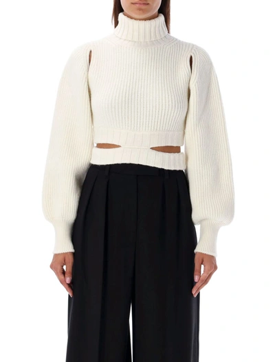 Andreädamo Ribbed Wool Blend Knit Crop Sweater In Ivory