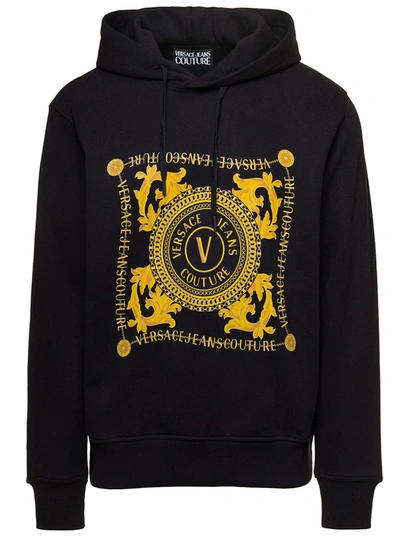 Versace Jeans Couture Hoodie With Baroque Logo Print In Black Cotton