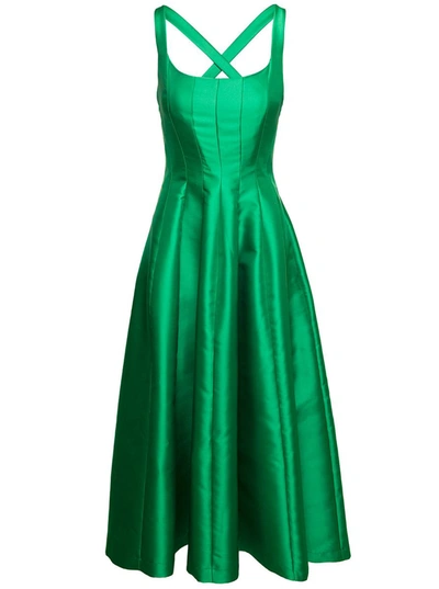 Plain Maxi Green Dress With Pleated Skirt And Criss-cross Straps Woman