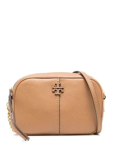 TORY BURCH 'MCGRAW' BEIGE CROSSBODY BAG WITH DOUBLE T DETAIL IN GRAINED LEATHER WOMAN
