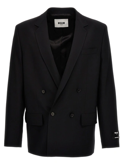 Msgm Logo-patch Double-breasted Blazer In Black