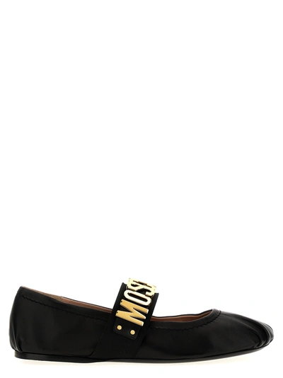 MOSCHINO LOGO LEATHER BALLET FLATS FLAT SHOES BLACK
