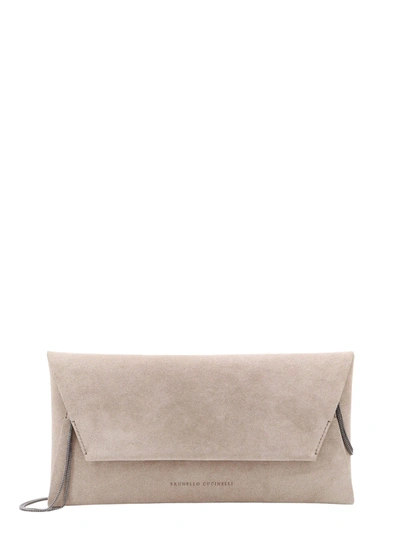 Brunello Cucinelli Suede Shoulder Bag With Logo Print In Neutrals