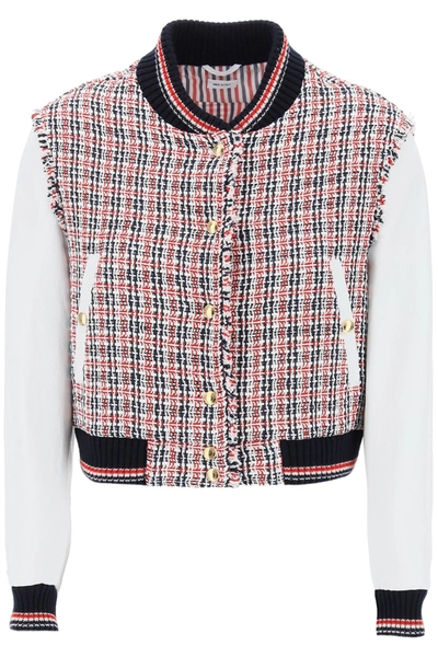 Thom Browne Cropped Frayed Tweed And Leather Bomber Jacket In Multicolor