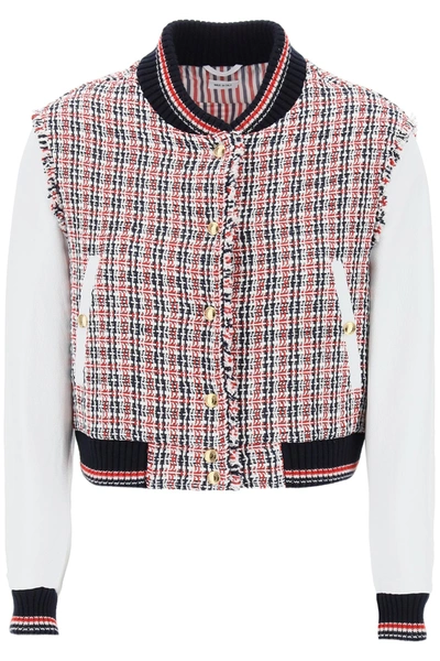 Thom Browne Cropped Frayed Tweed And Leather Bomber Jacket In Mixed Colours