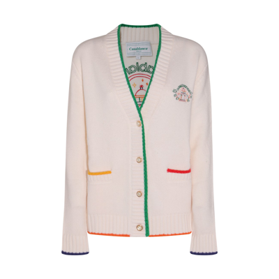 CASABLANCA WHITE AND MULTICOLOUR WOOL AND CASHMERE BLEND LOGO CARDIGAN