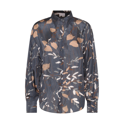 BRUNELLO CUCINELLI MULTICOLOUR SILK LEAF PRINT SHIRT