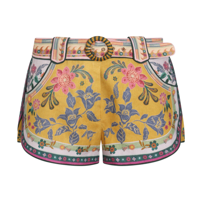 Zimmermann Ginger Belted Printed Linen Shorts In Yellow